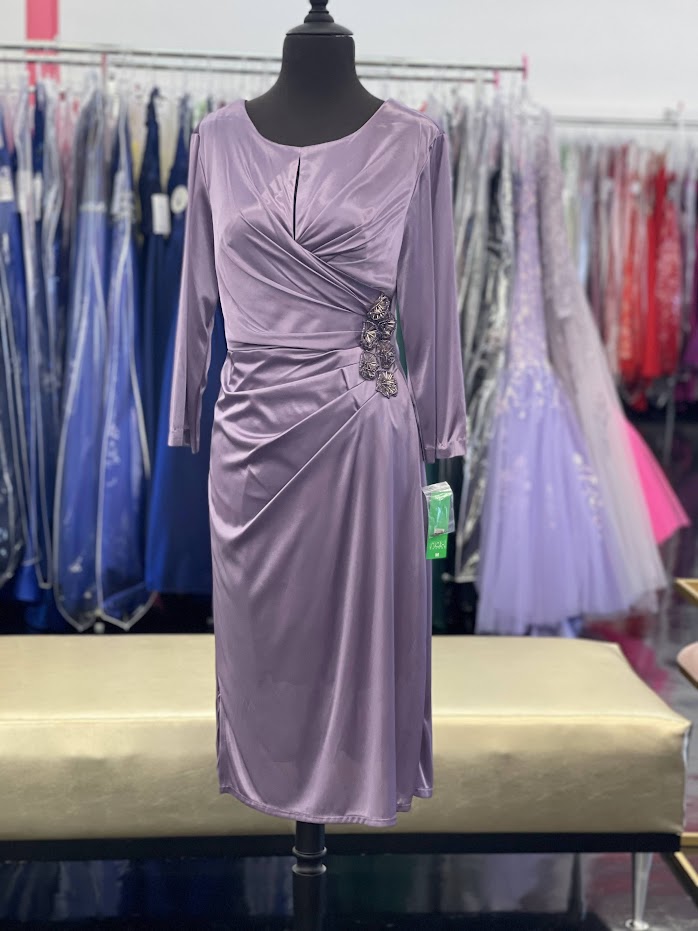 Nox Anabel 2908 Tea Length Long Sleeve Mother Of Formal Gown Wedding Guest Gown Modest 3/4 sleeves wrap waist with embellished accents. breathable silky fabric.  Sizes: 6 , 8, 10   Colors: Blue , Green , Purple