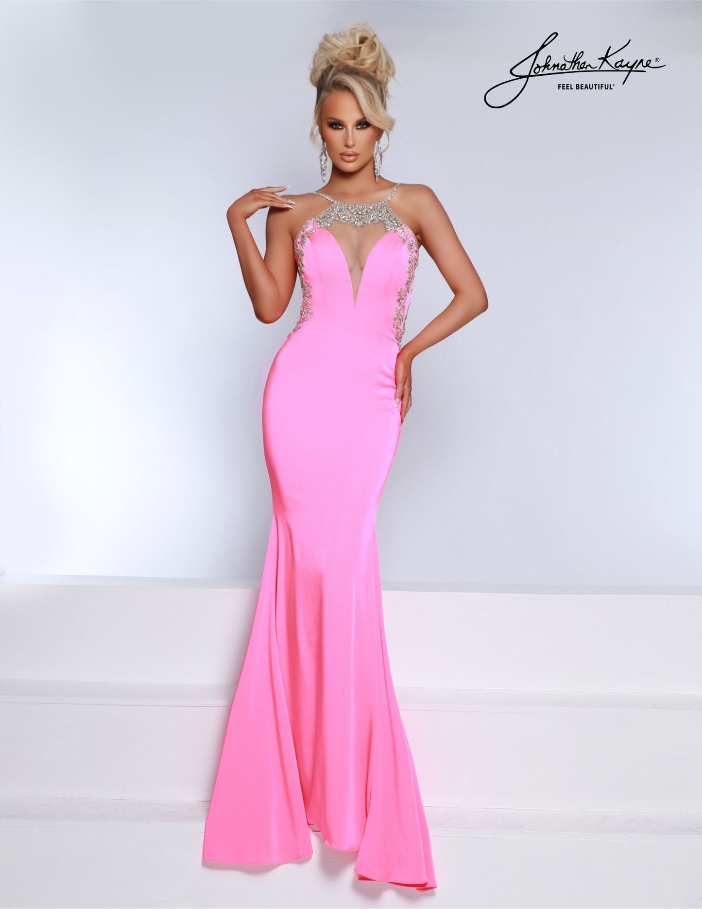 Johnathan Kayne 2918 Sheer Backless Crystal Prom Dress Pageant Gown Formal Crepe