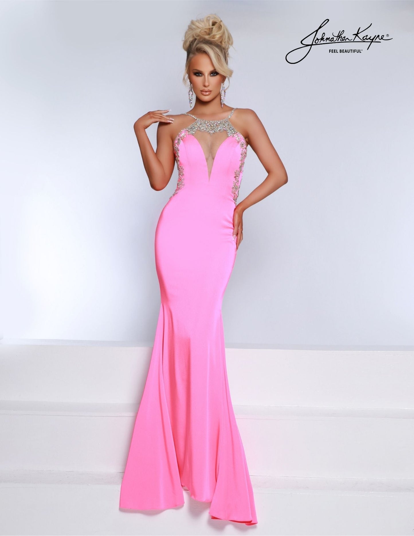 Johnathan Kayne 2918 Size 8 Taffy Pink Sheer Backless Crystal Prom Dress Pageant Gown Formal Crepe