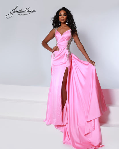 Johnathan Kayne 2934 Pageant Gown Evening Dress Sheer Beaded Back Satin Wrap Cap Sleeve Slit