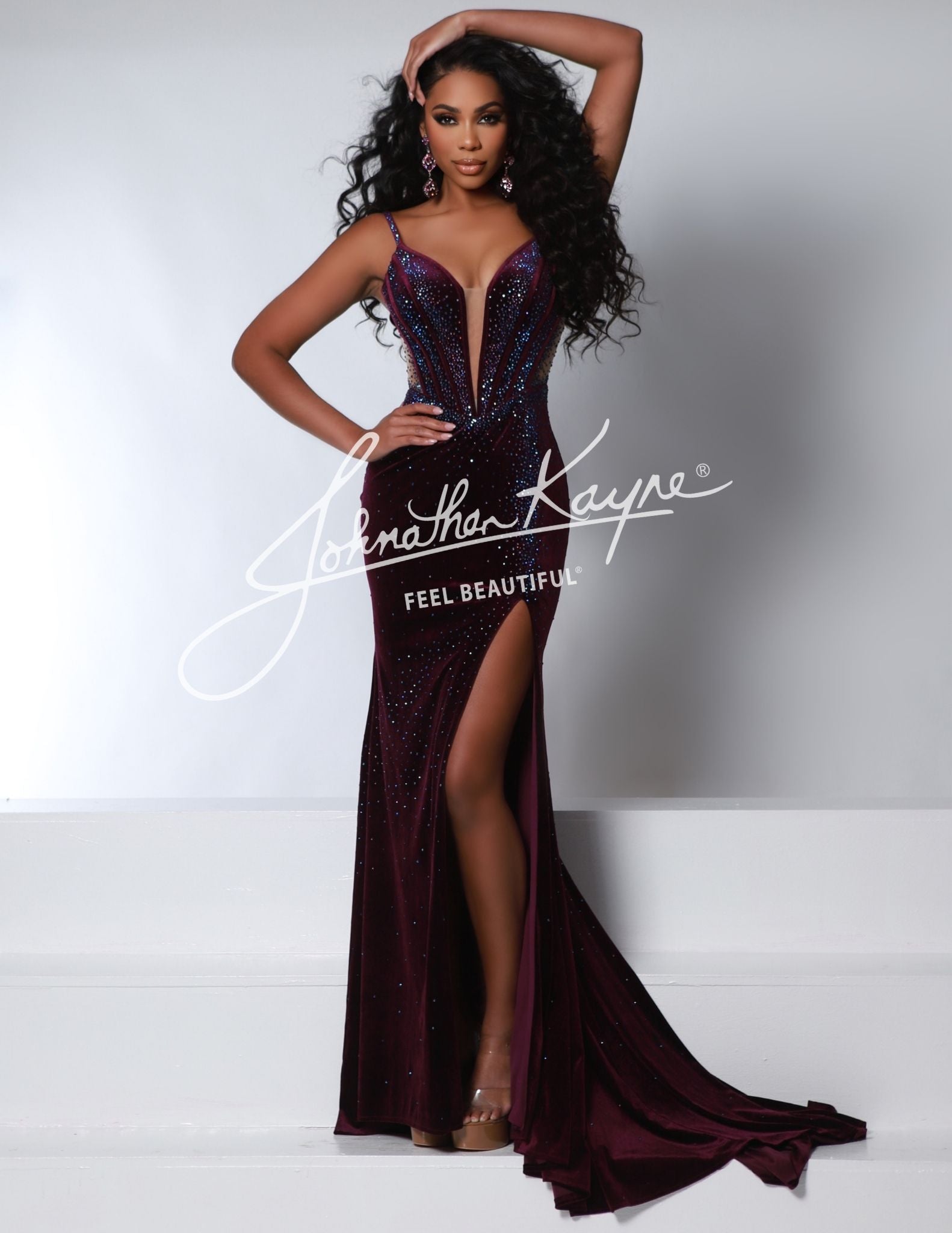 Johnathan Kayne 2948 - Deep V-Neck Beaded Evening Gown 4 / Eggplant - Shop Johnathan Kayne Dresses On Couture Candy at CoutureCandy.com