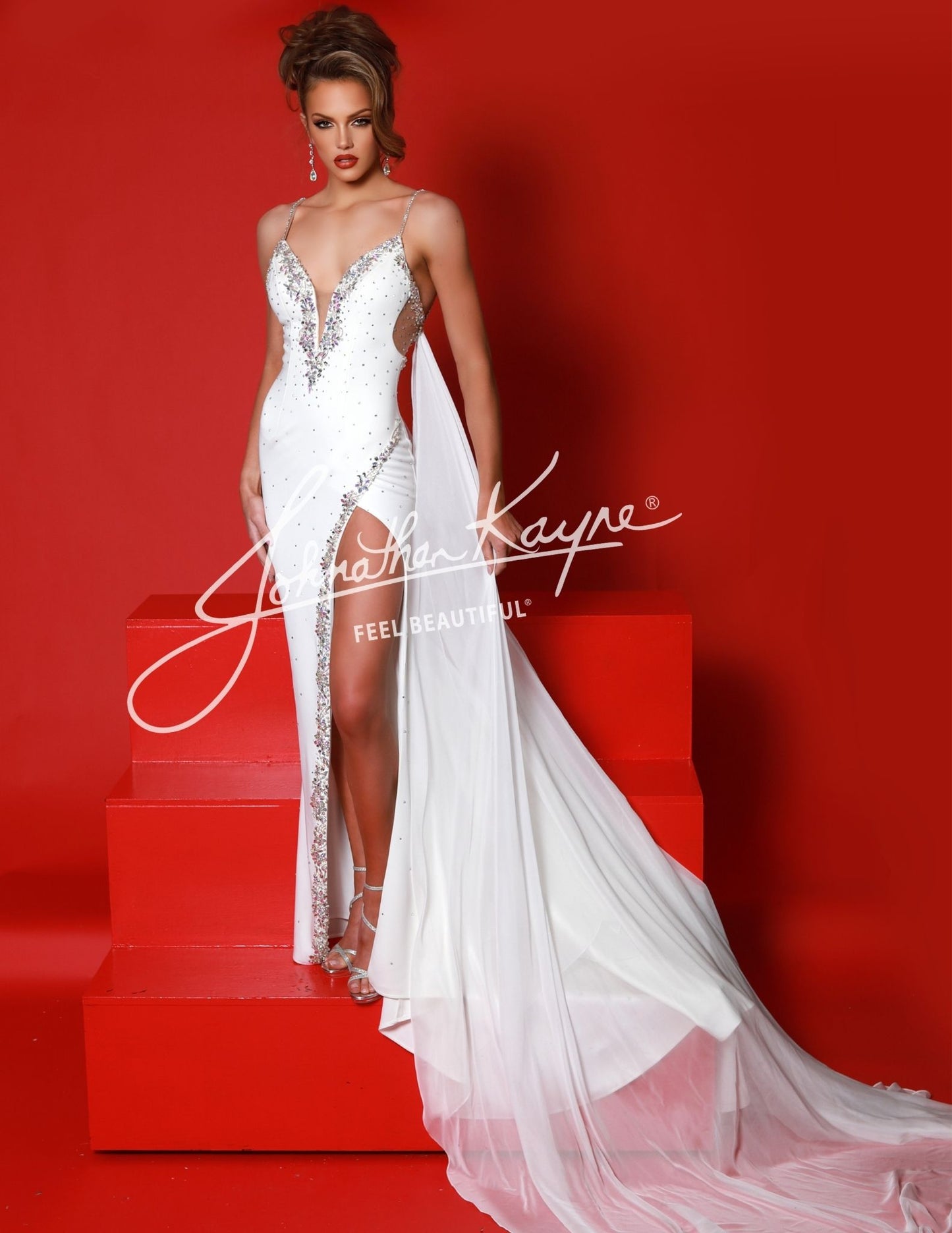 Johnathan Kayne 2954 Size 6 White Long Crystal Slit Cape Pageant Dress V Neck Formal Gown Plunging Neckline Johnathan Kayne 2954 Size 6 White Long Crystal Slit Cape Pageant Dress V Neck Formal Gown Plunging Neckline
