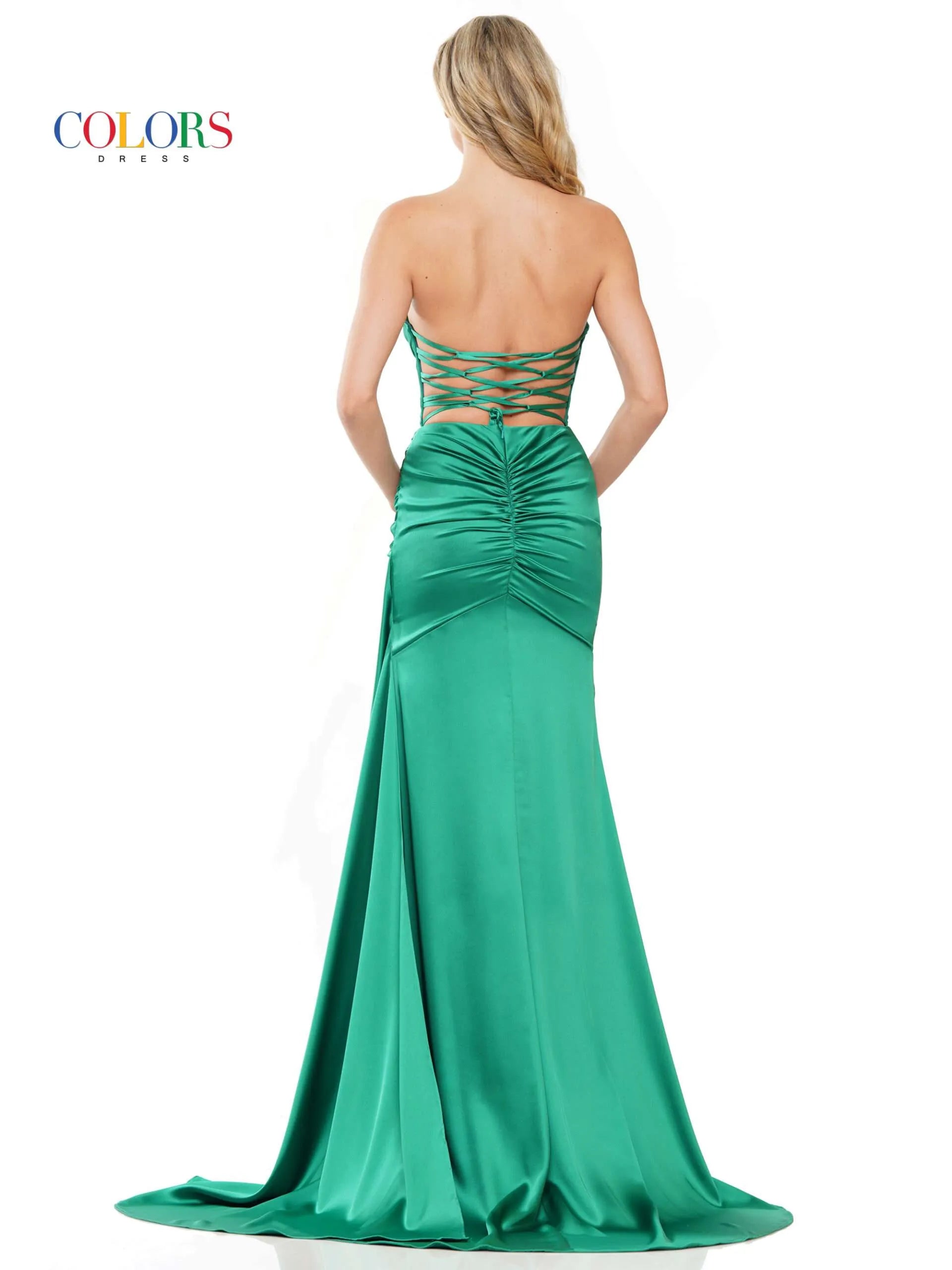 Enhance your formal look with the Colors Dress 2968 Long Prom Dress. The fitted satin design flatters your figure while the high slit adds a touch of elegance. With ruching details and a formal pageant gown style, you'll make a stylish statement at any event.