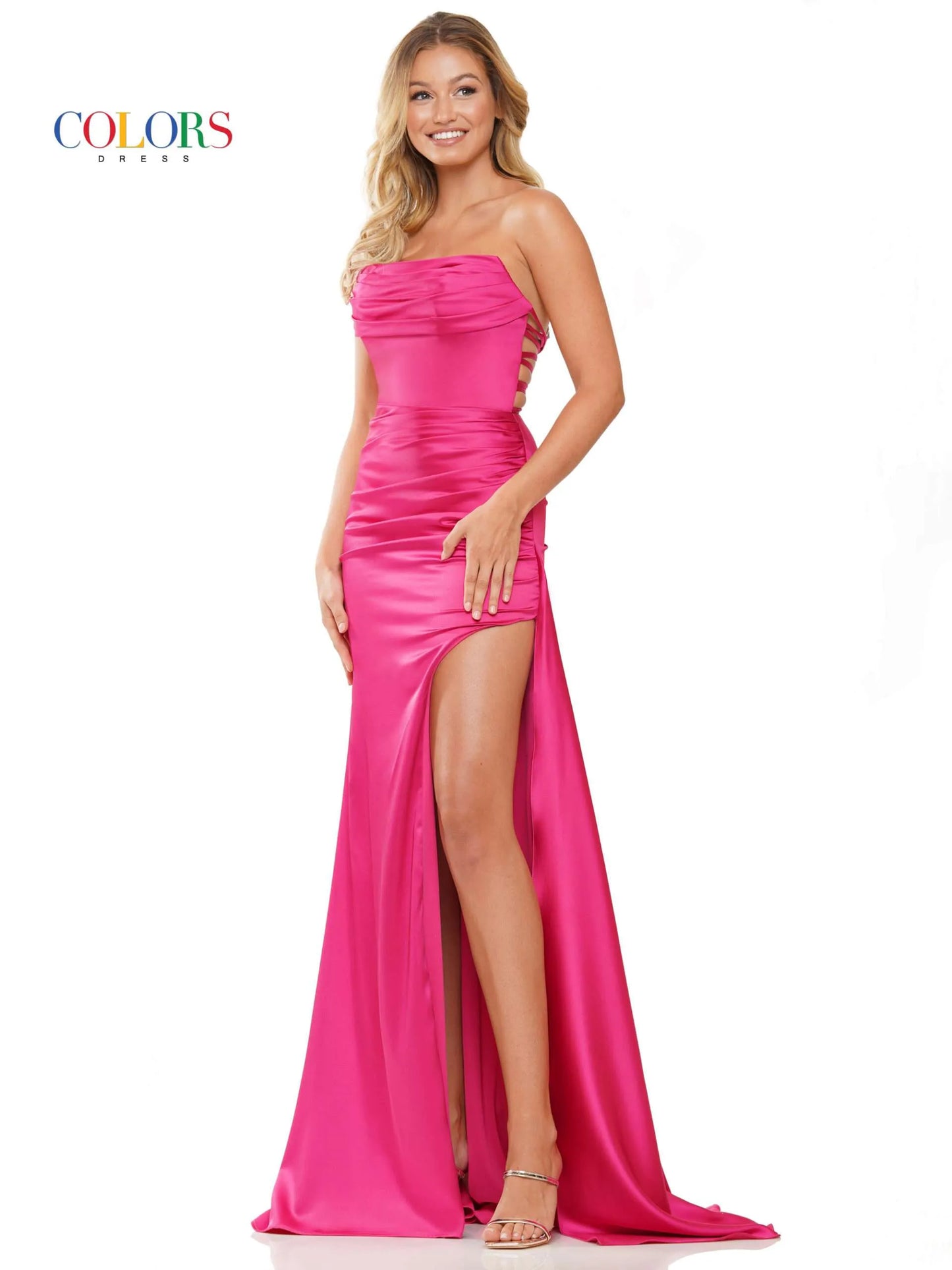 Enhance your formal look with the Colors Dress 2968 Long Prom Dress. The fitted satin design flatters your figure while the high slit adds a touch of elegance. With ruching details and a formal pageant gown style, you'll make a stylish statement at any event.