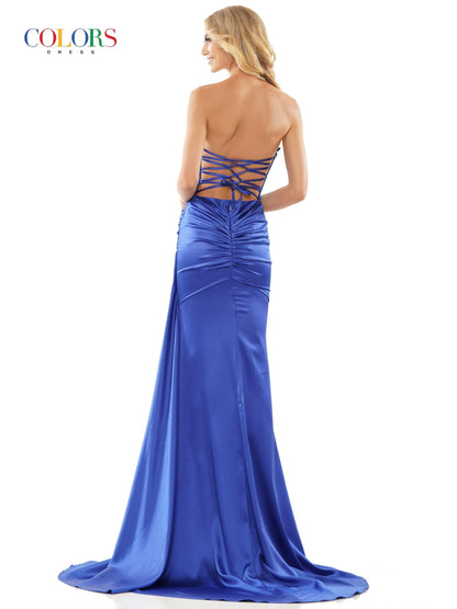 Enhance your formal look with the Colors Dress 2968 Long Prom Dress. The fitted satin design flatters your figure while the high slit adds a touch of elegance. With ruching details and a formal pageant gown style, you'll make a stylish statement at any event.