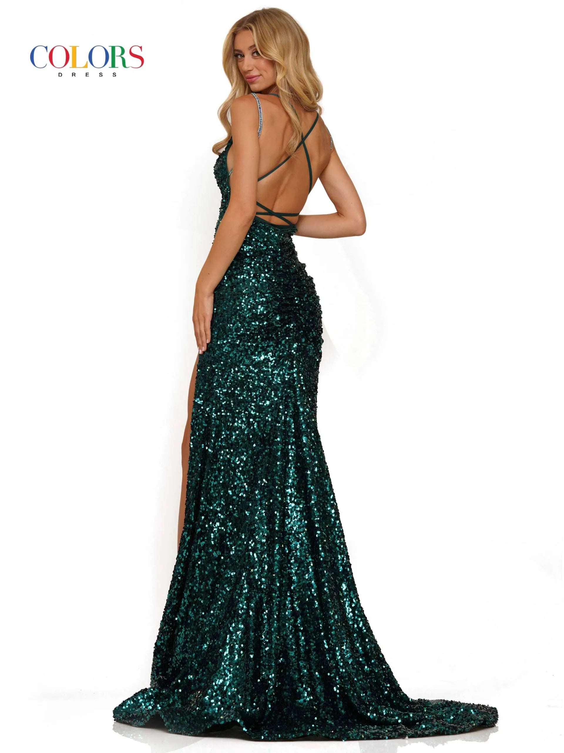 This Colors Dress 2975 long prom dress showcases a fitted design, accented with sparkling sequins and thin spaghetti straps. The dress features a high slit, offering a glamorous touch to your formal pageant look. Stand out from the crowd with this elegant and eye-catching gown.
