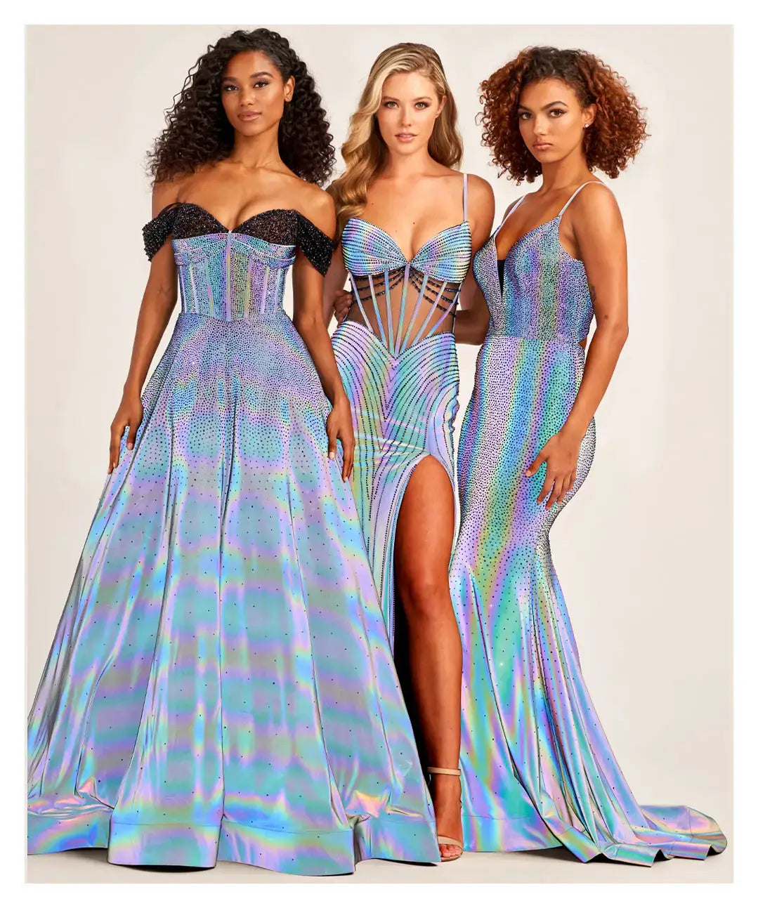The Ellie Wilde EW35702 SUPERNOVA Holographic Sheer Corset Prom Dress Slit V Neck Gown is perfect for special occasions. Crafted with a romantic sheer illusion bodice, intricate metallic beading, and a striking slit skirt, this gown is the perfect combination of glamour and femininity. The corset bodice ensures a flattering fit, while the unexpected cut of the neckline adds drama and sophistication.