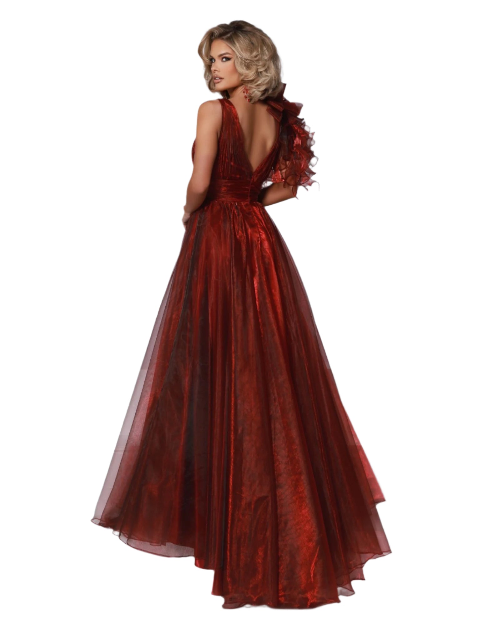 Johnathan Kayne 3014 Long A Line Ruffle Iridescent Prom Dress V Neck Formal Evening Gown