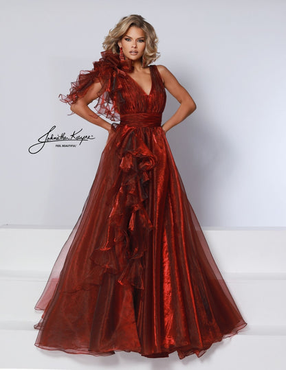 Johnathan Kayne 3014 Size 16 Crimson Long A Line Ruffle Iridescent Prom Dress V Neck Formal Evening Gown
