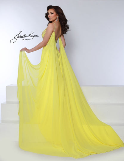 Johnathan Kayne 3048 Size 4 Hot Pink Crystal A Line Pageant Dress Cape Chiffon Prom Dress V Neck