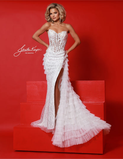 Johnathan Kayne 3083 Strapless Corset Prom Dress Sequin Power Mesh Ruffle Overskirt