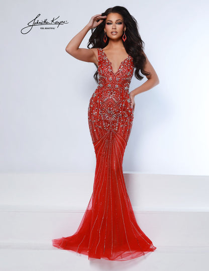 Johnathan Kayne 3084 Fully Beaded Evening Gown Scalloped V Neckline Mirror Organza Bolero Cape