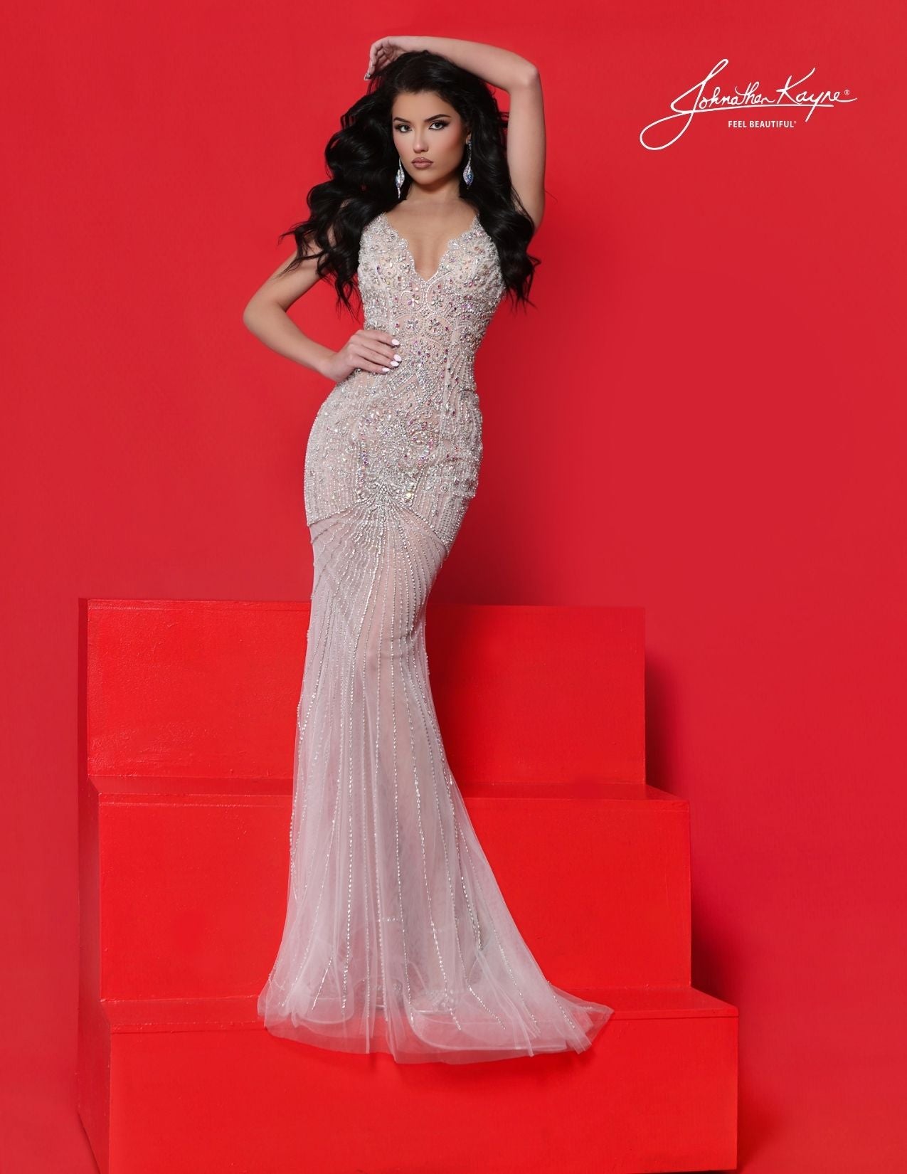 Johnathan Kayne 3084 Fully Beaded Evening Gown Scalloped V Neckline Mirror Organza Bolero Cape