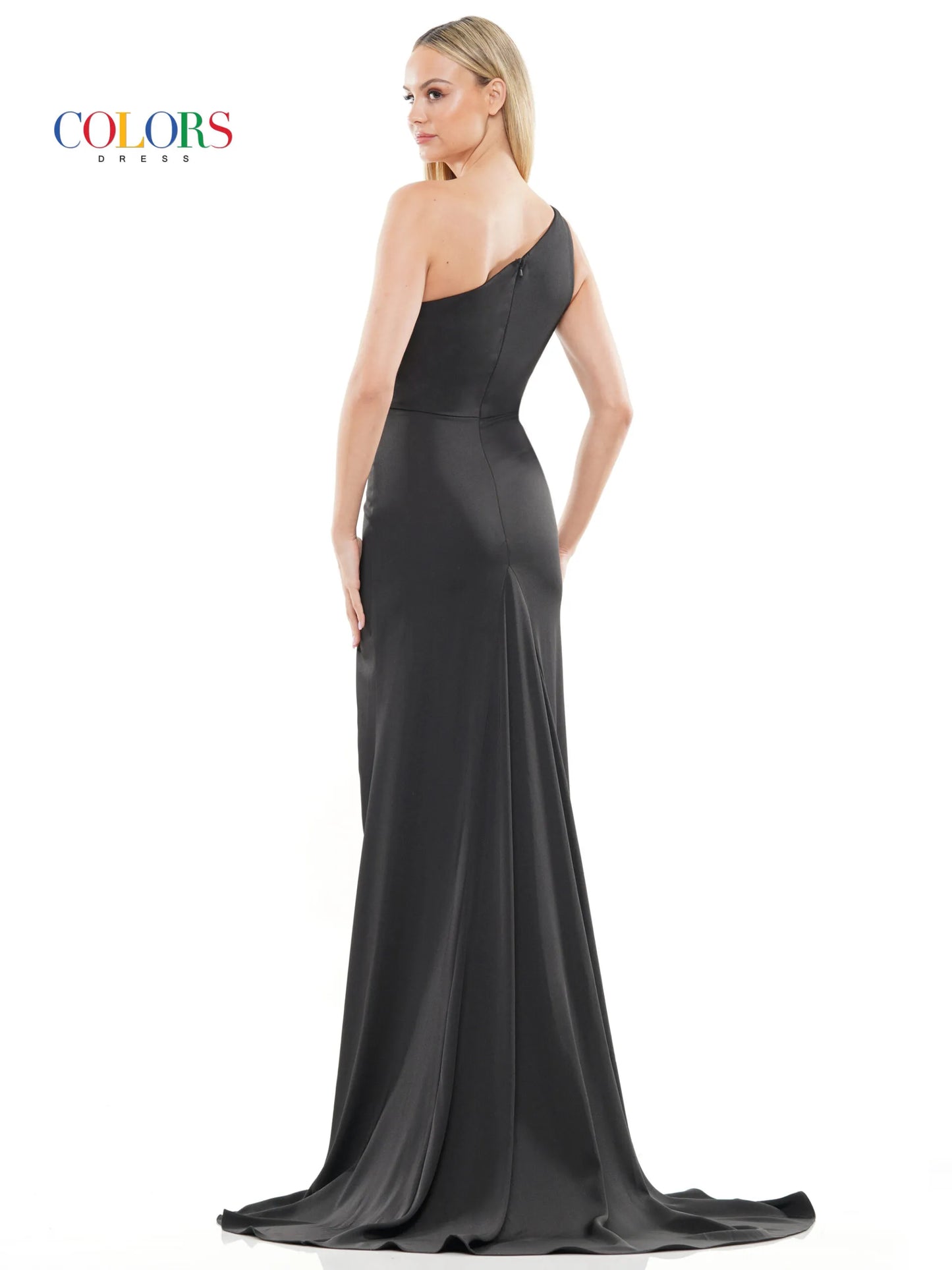 Step into the spotlight with the Colors Dress 3090 Long Prom Dress. Its one-shoulder design, illusion cut-out, and high slit train create a stunning silhouette, perfect for formal events and pageants. Made with precision and quality materials, this fitted gown will make you shine.