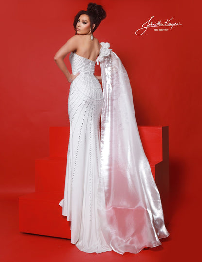 Johnathan Kayne 3121 One shoulder pageant dress rosette cape rhinestones Formal Gown