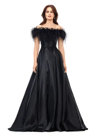 Ashley Lauren 11382 Off The Shoulder Feather Detail Satin A- Line Ballgown Skirt Gown. This elegant off shoulder gown features a pop of feathers around the neckline. The look is complete with a ball gown skirt.