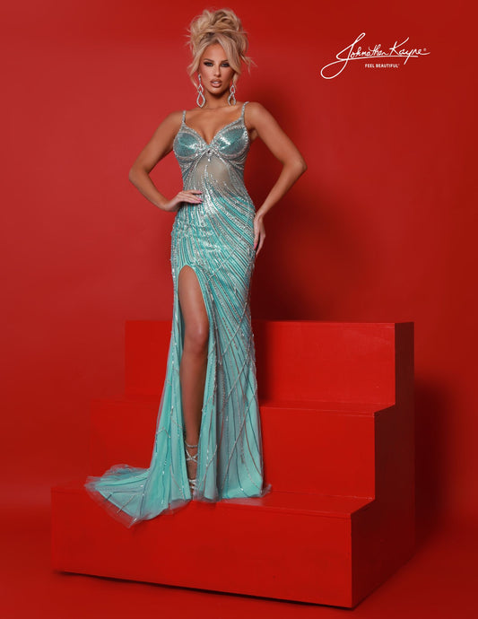 Johnathan Kayne 3156 fully beaded crystal formal dress sheer slit