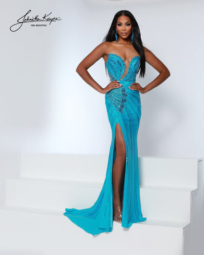 Designer: Johnathan Kayne — Style 3200
Designed in stretch knit fabrics, Johnathan Kayne style 3200 is a body-conscious long prom dress that offers both comfort and style. The stretchy construction allows the dress to move with you, making it a great option for pageant, prom, or any event where a fitted gown with flexibility is desired.

Sizes: 000, 00, 0, 2, 4, 6, 8, 10, 12, 14, 16
Colors: Aqua, Black, Flamingo