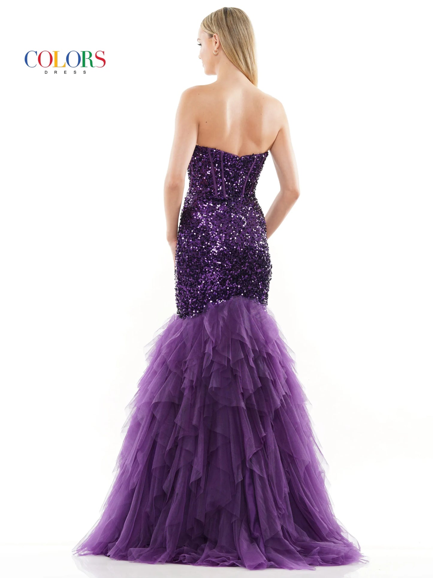 This beautiful Colors Dress 3202 Mermaid Prom Dress features a strapless corset bodice with boning peak points, a fitted sequin bodice and a ruffle tulle trumpet skirt for an elegant look. Perfect for any formal occasion. Prom, Pageant, Formal evening Gown.  Sizes: 2-24  Colors: Black, Light Blue, Purple, Red