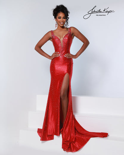 Designer: Johnathan Kayne — Style 3205
Designed in stretch knit fabrics, Johnathan Kayne style 3205 is a body-conscious long prom dress that offers both comfort and style. The stretchy construction allows the dress to move with you, making it a great option for pageant, prom, or any event where a fitted gown with flexibility is desired.

Sizes: 000, 00, 0, 2, 4, 6, 8, 10, 12, 14, 16
Colors: Black, Red, Royal