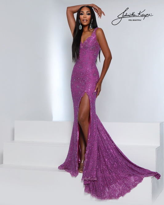 Designer: Johnathan Kayne — Style 3209
Designed in stretch knit fabrics, Johnathan Kayne style 3209 is a body-conscious long prom dress that offers both comfort and style. The stretchy construction allows the dress to move with you, making it a great option for pageant, prom, or any event where a fitted gown with flexibility is desired.

Sizes: 000, 00, 0, 2, 4, 6, 8, 10, 12, 14, 16, 18
Colors: Black, Purple