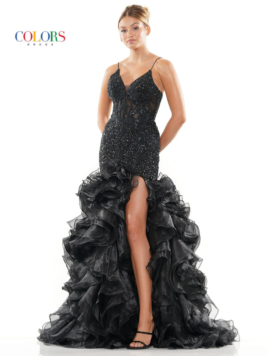 Expertly designed with a lace and sequin embellished sheer corset, this Colors Dress 3214 Layer Ruffle Mermaid Prom Dress features an elegant high slit and sweeping train. Its intricate details and form-flattering silhouette make it the perfect choice for a glamorous and sophisticated evening look. lace up corset back.  Sizes: 0-22  Colors: Black, Red, Blue, Deep Green