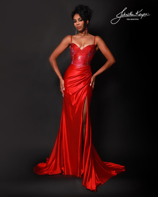 Designer: Johnathan Kayne — Style 3218
Designed in stretch knit fabrics, Johnathan Kayne style 3218 is a body-conscious long prom dress that offers both comfort and style. The stretchy construction allows the dress to move with you, making it a great option for pageant, prom, or any event where a fitted gown with flexibility is desired.

Sizes: 000, 00, 0, 2, 4, 6, 8, 10, 12, 14, 16
Colors: Black, Navy, Red