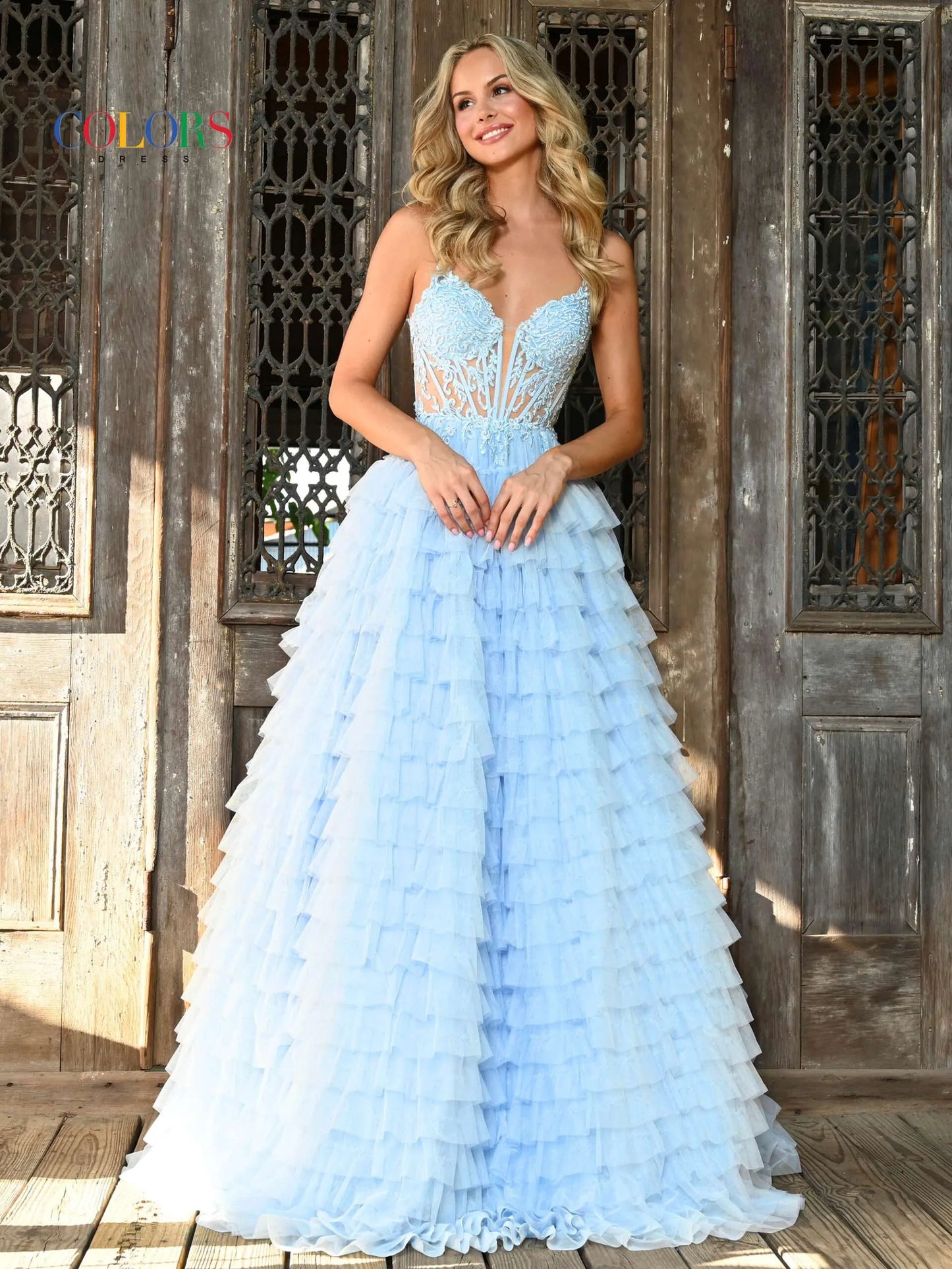 Colors Dress 3219 Size 10 Blue Long Sheer Lace Corset Ball Gown Prom Dress Corset Ruffle Layer Formal Gown