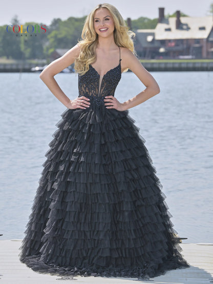 Colors Dress 3219 is a formal gown featuring a long sheer lace embellished v neck corset with ruffled layers and an elegant ball gown skirt. Embellished details add a luxurious touch to the design, making it perfect for proms and special occasions.  Sizes: 2-24  Colors: Black, Light Blue, Mint, Pink
