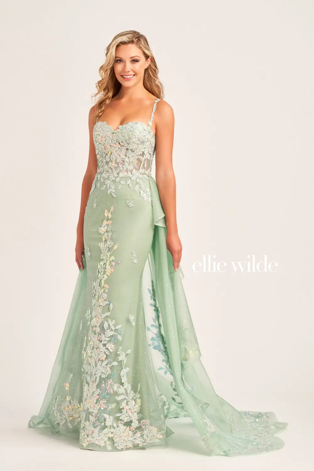 Ellie Wilde EW35207 Lace Sequin Sheer Corset Pageant Dress Side Overskirt Prom Gown