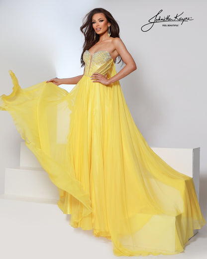 Designer: Johnathan Kayne — Style 3221
Style 3221 is a flowy Johnathan Kayne long prom dress crafted from lightweight special occasion fabrics for beautiful movement. The skirt glides effortlessly with every step, creating an elegant pageant dress silhouette that photographs beautifully and stands out on stage or on the dance floor.

Sizes: 000, 00, 0, 2, 4, 6, 8, 10, 12, 14, 16
Colors: Canary, Light Sapphire, Light Rose
