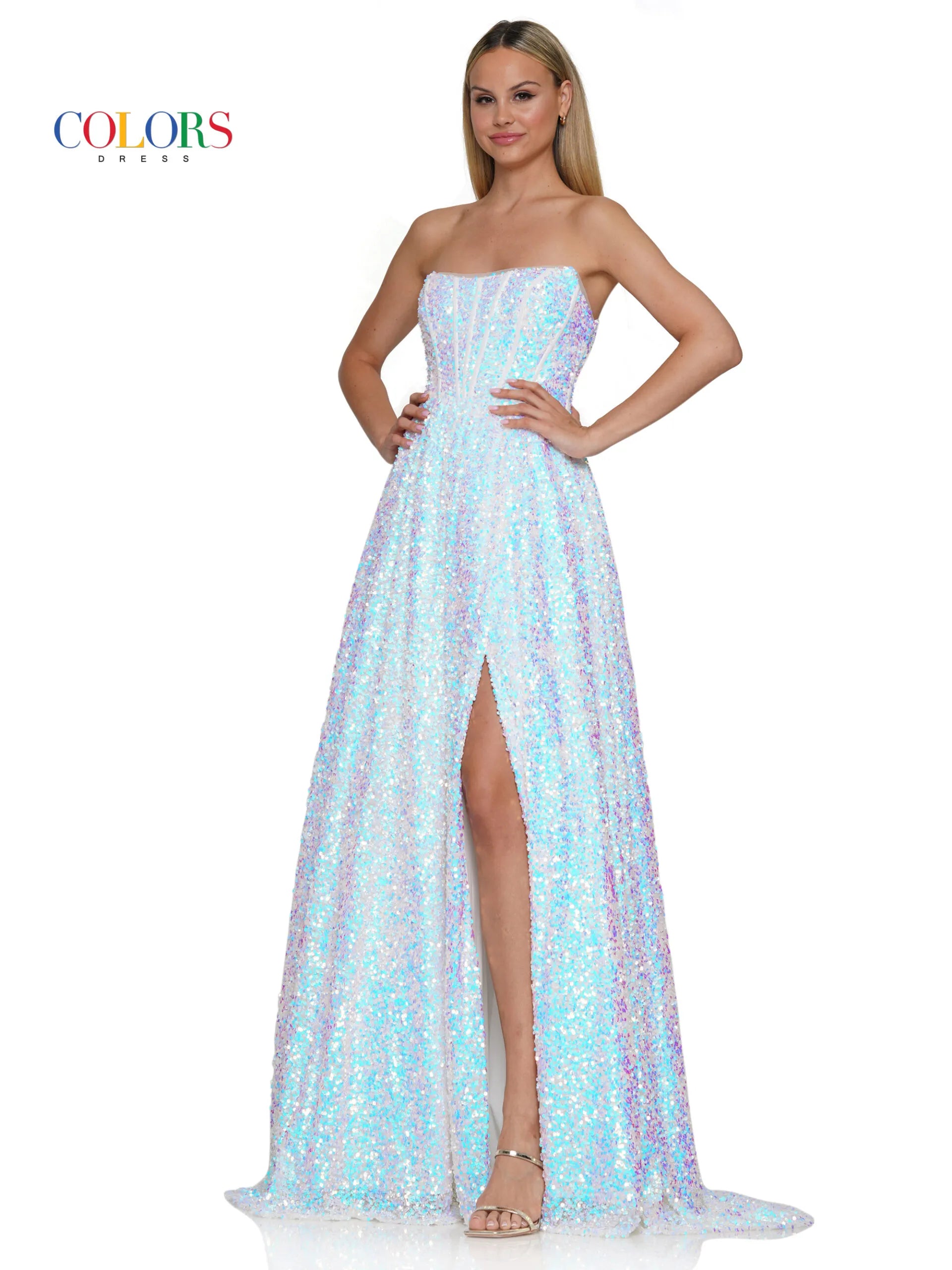 Colors Dress 3229 Size 14 Blush Long Sequin Maxi Slit A Line Formal Prom Dress Pageant Corset Strapless