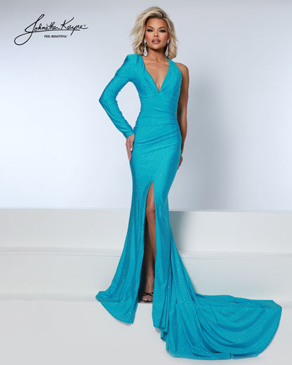 Designer: Johnathan Kayne — Style 3234
Designed in stretch knit fabrics, Johnathan Kayne style 3234 is a body-conscious long prom dress that offers both comfort and style. The stretchy construction allows the dress to move with you, making it a great option for pageant, prom, or any event where a fitted gown with flexibility is desired.

Sizes: 000, 00, 0, 2, 4, 6, 8, 10, 12, 14, 16
Colors: Aqua, Black
