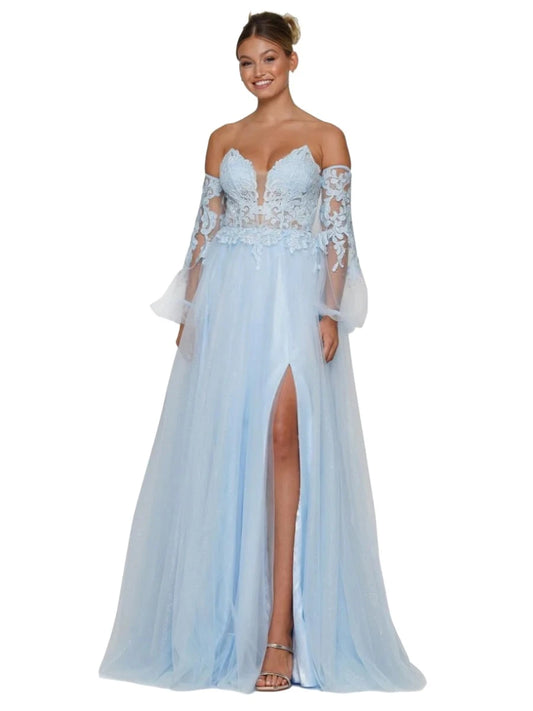 This Colors 2337 prom dress is a stunning choice for your special occasion. The sheer lace A-line silhouette, long sleeves, and shimmering detailing add a touch of elegance to this gown. With a corset design and thigh-high slit, you'll feel confident and glamorous all night long.