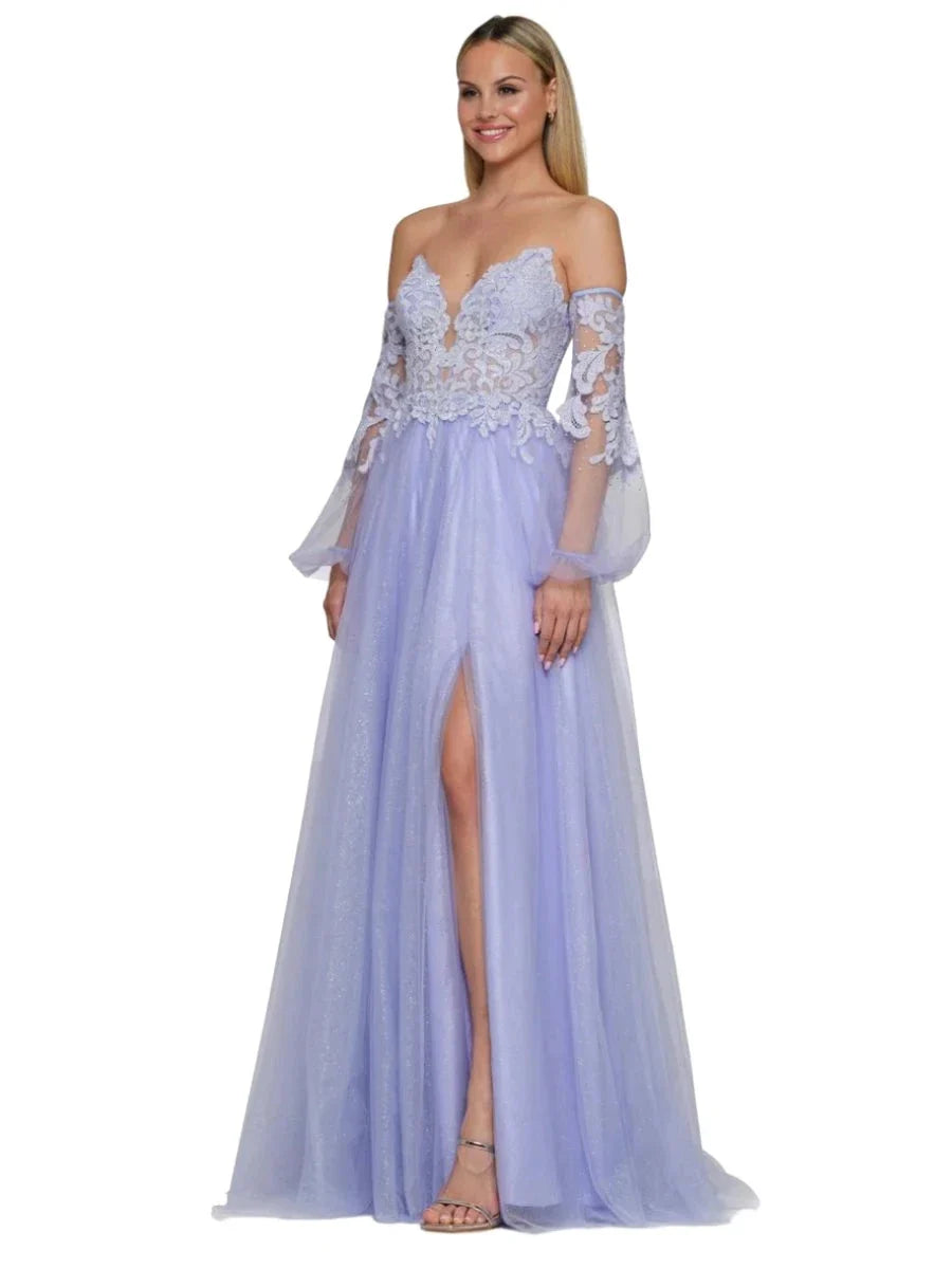 Colors 3237 Size 0,6 Lilac Prom Dress Sheer Lace A Line Long Sleeve Sh – Glass Slipper Formals