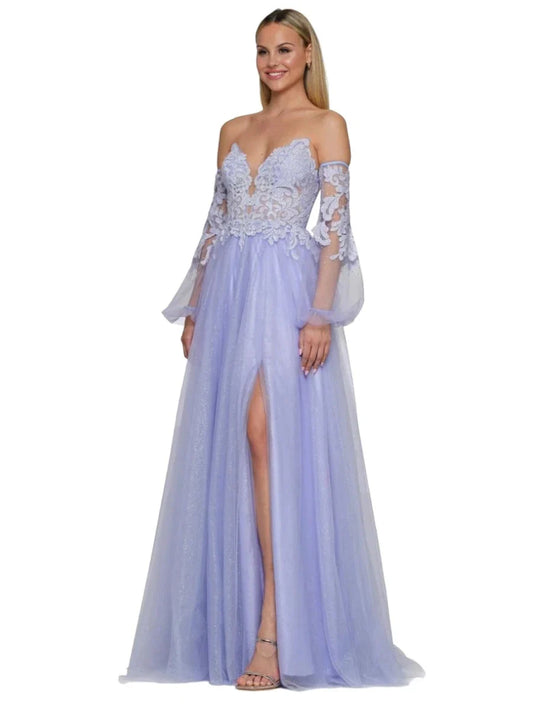 This Colors 2337 prom dress is a stunning choice for your special occasion. The sheer lace A-line silhouette, long sleeves, and shimmering detailing add a touch of elegance to this gown. With a corset design and thigh-high slit, you'll feel confident and glamorous all night long.