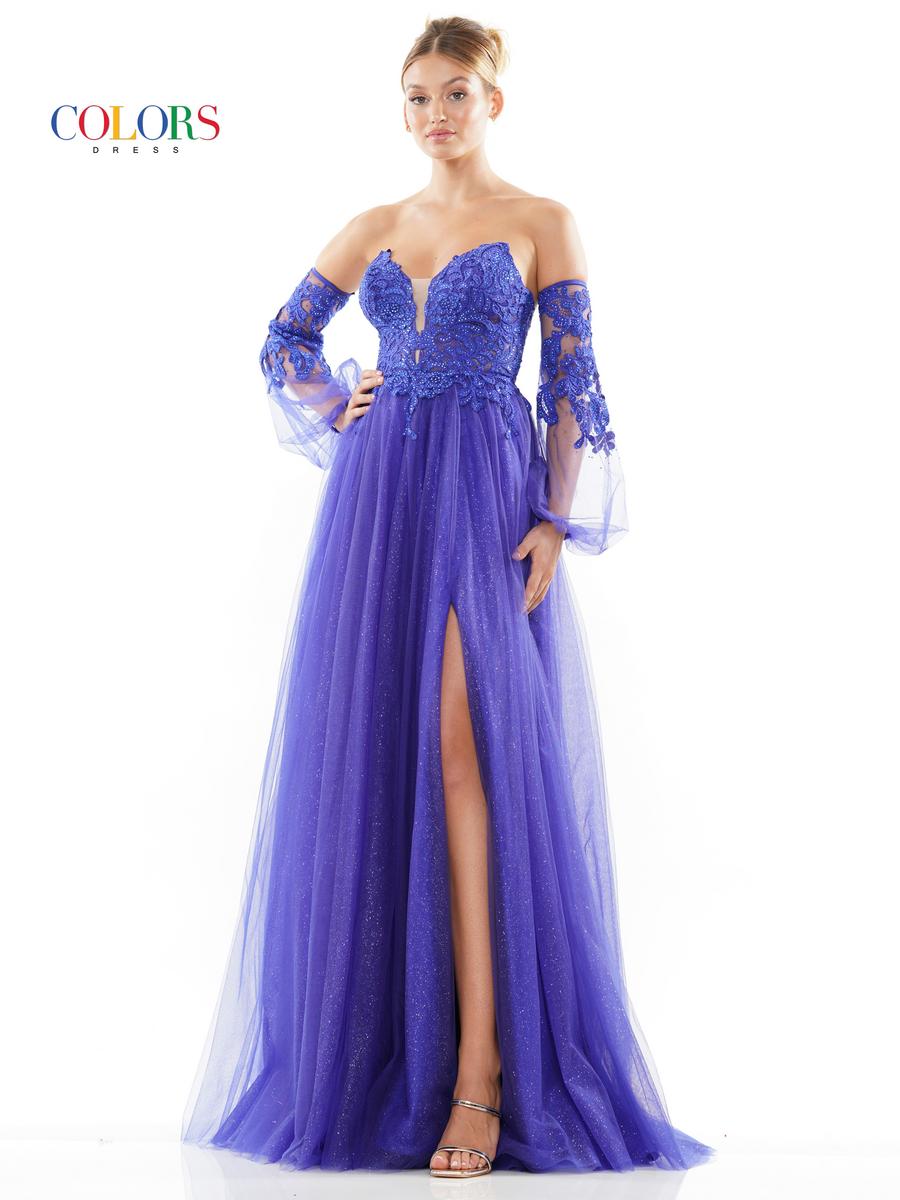 Colors 2337 Size 4,8 Light Blue Prom Dress Sheer Lace A Line Long Sleeve Shimmer Slit Corset Formal Gown