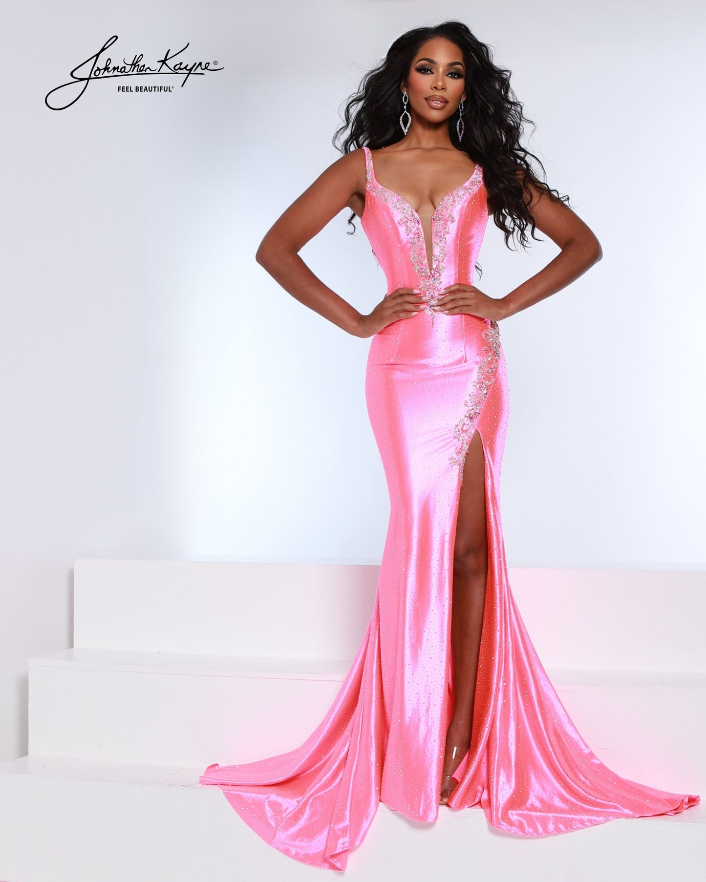 Designer: Johnathan Kayne — Style 3237
Designed in stretch knit fabrics, Johnathan Kayne style 3237 is a body-conscious long prom dress that offers both comfort and style. The stretchy construction allows the dress to move with you, making it a great option for pageant, prom, or any event where a fitted gown with flexibility is desired.

Sizes: 000, 00, 0, 2, 4, 6, 8, 10, 12, 14, 16
Colors: Black, Hot Coral, Lilac