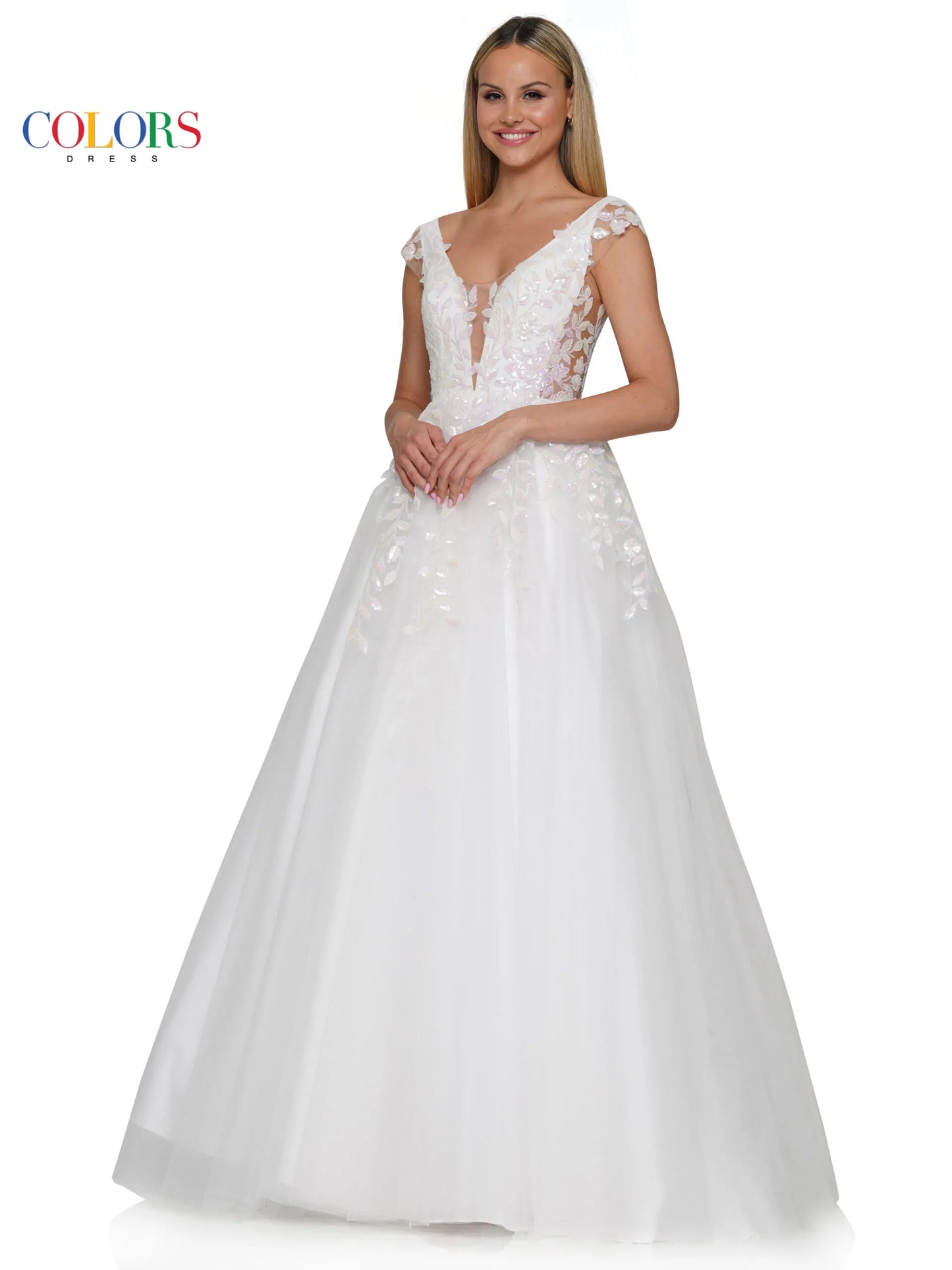 With sheer side panels, the Colors Dress 3239 ballgown offers a touch of elegance to your prom or pageant look. The sheer sequin lace adds a subtle shimmer, making you stand out in the crowd. Available in plus sizes, this formal gown is perfect for any special occasion.  Sizes: 0-22  Colors: Light Blue, Off White, Deep Green, Hot Pink