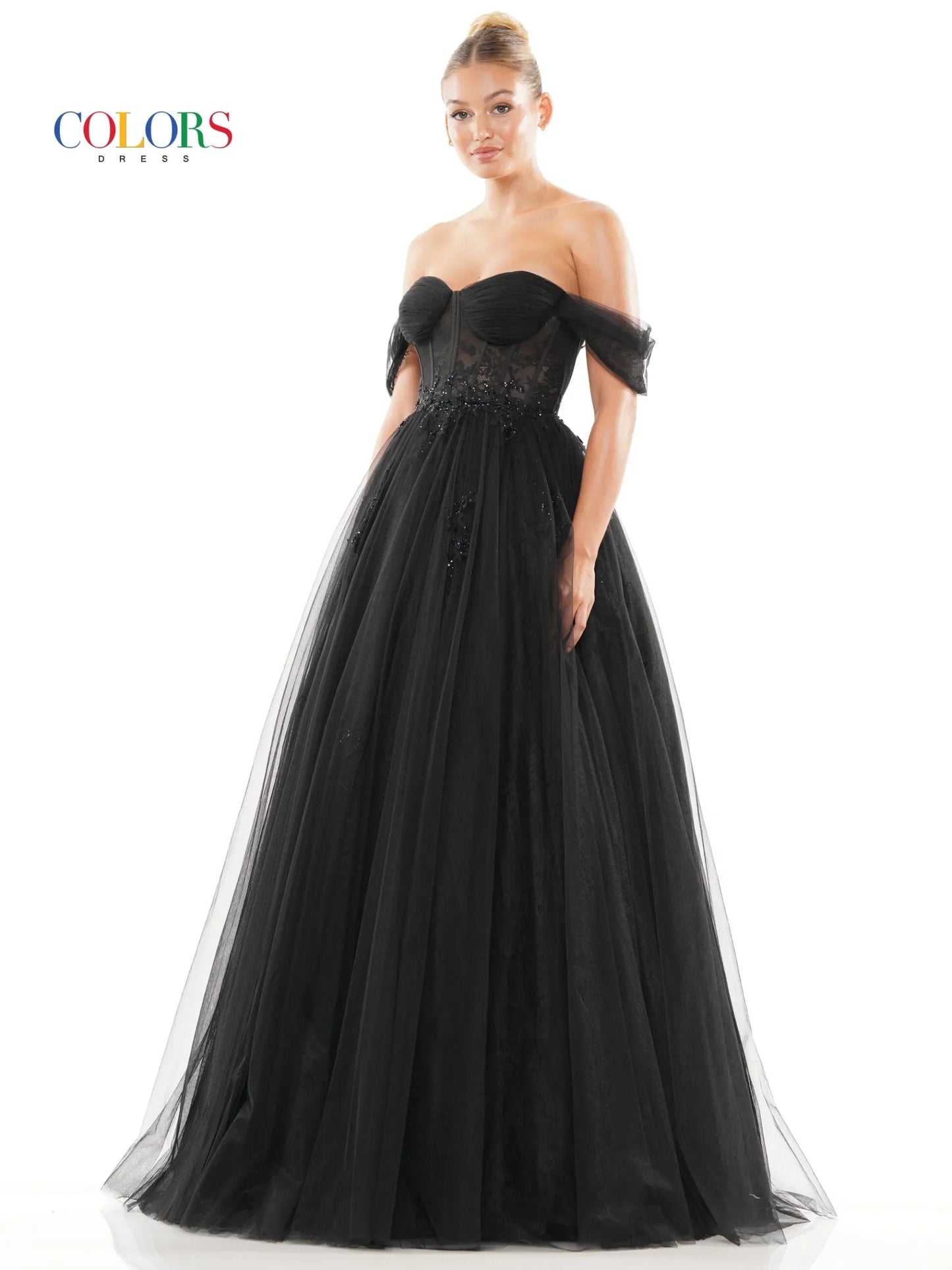 This stunning Colors Dress 3240 features intricate lace appliques and sparkling crystal accents that add a touch of elegance to the long sheer corset ballgown. The off-the-shoulder A-line design creates a flattering silhouette, making it the perfect choice for a prom or special event. Perfect Black wedding Dress!  Sizes: 0-22  Colors: Black, Light Blue, Off White, Red, Deep Green