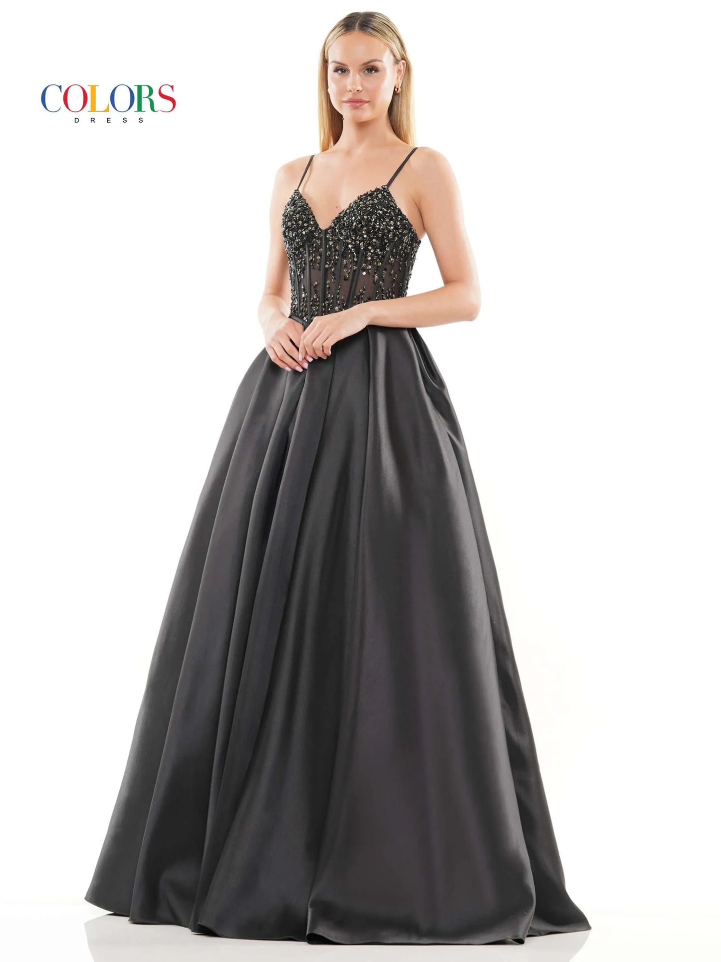 Colors Dress 3244 is a stunning long mikado ballgown prom dress that exudes elegance and sophistication. It features a v-neck and a sheer corset with boning and beaded details for a slimming silhouette. The intricate beading throughout the gown adds a touch of sparkle. Perfect for formal occasions.  Sizes: 0,2,4,6,8,10,12,14,16,18,20  Colors: Black, Red, Mint, Blueberry