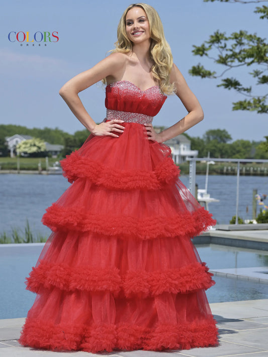 Colors Dress 3245 Ruffle Tulle Ballgown Crystal Prom Dress Formal A Line Layered Strapless