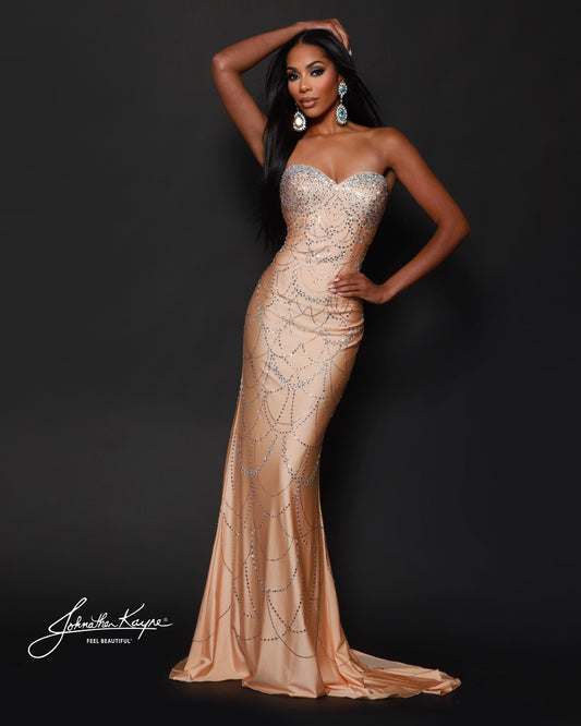 Designer: Johnathan Kayne — Style 3245
Designed in stretch knit fabrics, Johnathan Kayne style 3245 is a body-conscious long prom dress that offers both comfort and style. The stretchy construction allows the dress to move with you, making it a great option for pageant, prom, or any event where a fitted gown with flexibility is desired.

Sizes: 000, 00, 0, 2, 4, 6, 8, 10, 12, 14, 16
Colors: Black, Light Nude, Red