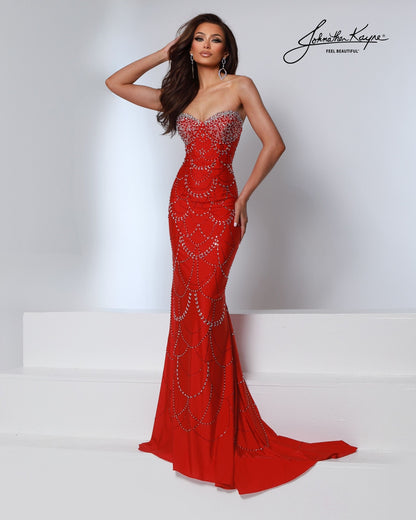 Designer: Johnathan Kayne — Style 3245
Designed in stretch knit fabrics, Johnathan Kayne style 3245 is a body-conscious long prom dress that offers both comfort and style. The stretchy construction allows the dress to move with you, making it a great option for pageant, prom, or any event where a fitted gown with flexibility is desired.

Sizes: 000, 00, 0, 2, 4, 6, 8, 10, 12, 14, 16
Colors: Black, Light Nude, Red