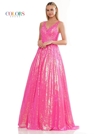 Discover elegance and sophistication with the Colors Dress 3246. This stunning A-Line Prom Dress features striking sequin lace and a flattering V-neckline. The added benefit of pockets makes it perfect for any formal occasion. Complete with a sheer back for a touch of allure.  Sizes: 0-22  Colors: Black, Light Blue, Lavender, Pink