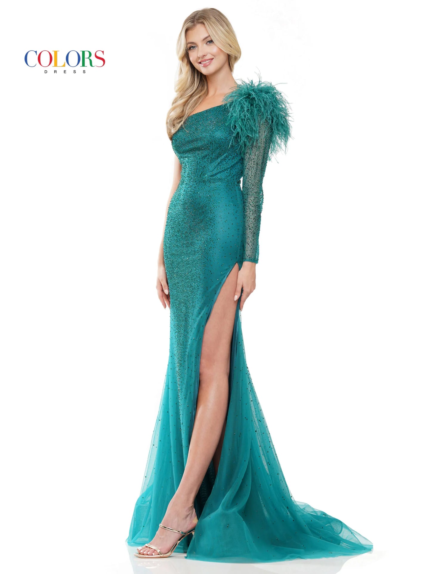 This Colors Dress 3251 one shoulder long sleeve feather prom dress will make you stand out at any formal event. The high slit and sheer feather details add a touch of elegance, while the crystal embellishments add a touch of sparkle. Perfect for those who want to make a statement with their fashion choices.  Sizes: 0-22  Colors: Black, Royal, Deep Green, Hot Pink