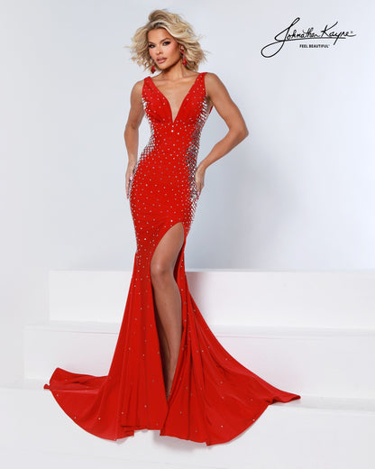 Designer: Johnathan Kayne — Style 3252
Designed in stretch knit fabrics, Johnathan Kayne style 3252 is a body-conscious long prom dress that offers both comfort and style. The stretchy construction allows the dress to move with you, making it a great option for pageant, prom, or any event where a fitted gown with flexibility is desired.

Sizes: 000, 00, 0, 2, 4, 6, 8, 10, 12, 14, 16
Colors: Black, Red, Royal