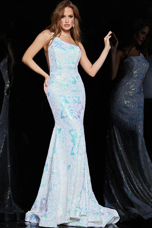 Experience sheer elegance with the Jovani 32580 Long Prom Dress. Its sequin embellishments and one shoulder design create a stunning mermaid silhouette, while the sheer side train adds a touch of drama. Perfect for your next formal event or pageant, this gown is sure to turn heads. Bring sophistication and glamour to your special occasion with the Jovani 32580 Long Prom Dress. 