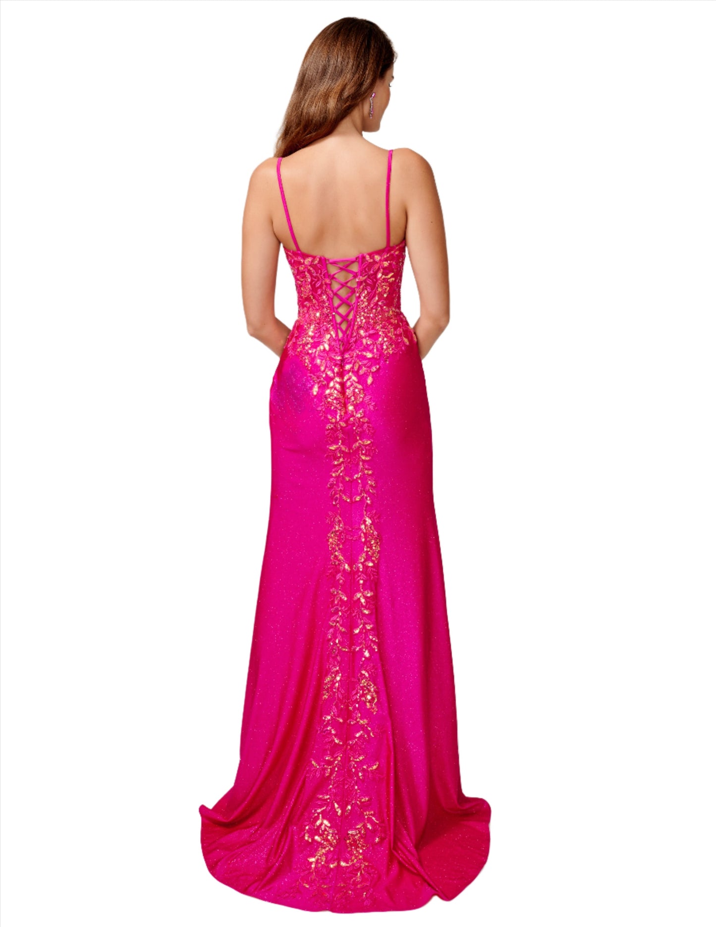 The Nina Canacci 3260 is a stunning fuchsia prom dress featuring a sheer sequin lace corset style bodice and a sheer sequin lace design running down train. The shimmer and embellishments add a touch of glamour and the slit enhances movement and flow. Perfect for formal events.