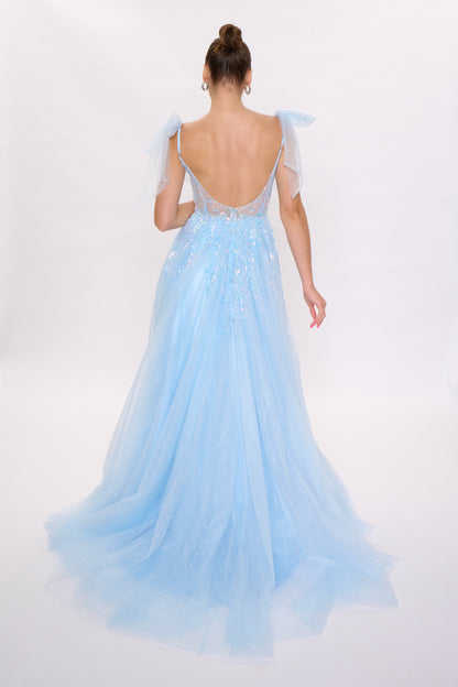 Nina Canacci 3269 Bow Prom Dress A line Maxi Slit Formal evening Gown Sweetheart Neckline